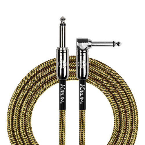 Kirlin 10ft Entry Woven Instrument Cable RA - 1/4" Right Angle Mono Plug, Chrome Ends, 20 Gauge, Limited Lifetime Warranty