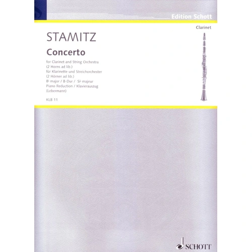 Stamitz Concerto in B Flat for Clarinet and Piano, Publisher Schott Music, 38 Pages