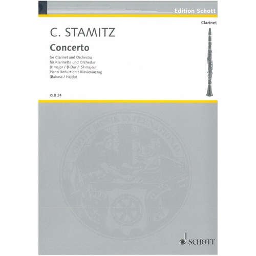 Stamitz - Darmstadt Concerto No. 2 in B Flat for Clarinet and Piano, 31 Pages, Published by Schott Music