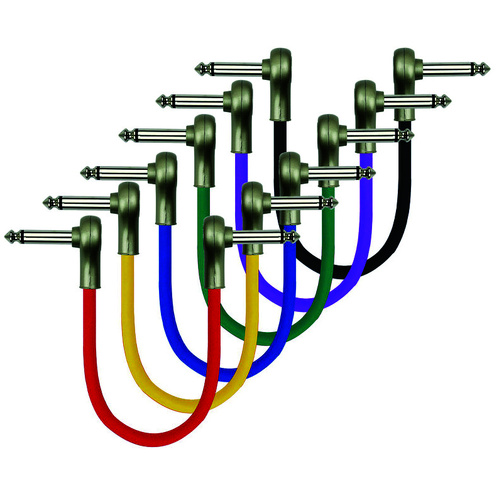 Kirlin 1ft Multi-Colour Patch Cables 6 Pack with Right Angle Mono Plugs - 24 Gauge OFC Conductor, PVC Jacket, Limited Warranty
