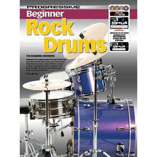 Progressive Beginner Rock Drums Book with 2 DVDs, 1 CD & 1 DVD-ROM for Drum Tutorial