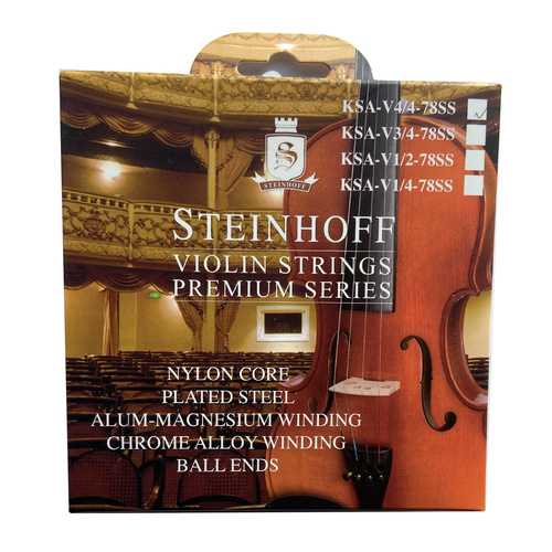 Steinhoff Premium 3/4 Size Violin Strings - Nylon Core, Plated Steel, Aluminum-Magnesium Winding, Ball Ends
