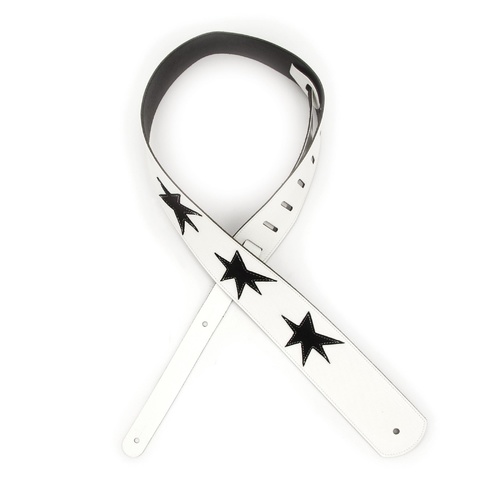 2.5 Inch Leather Guitar Strap, Star Icon Patches - White w/ Black, by D'Addario