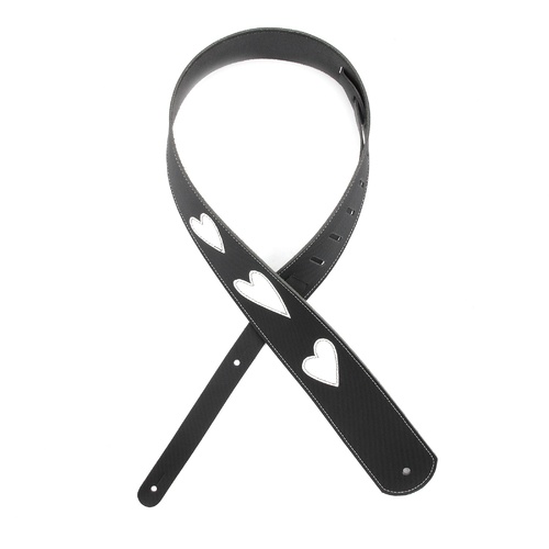 2.5 Inch Leather Guitar Strap, Heart Icon Patches - Black w/ White, by D'Addario