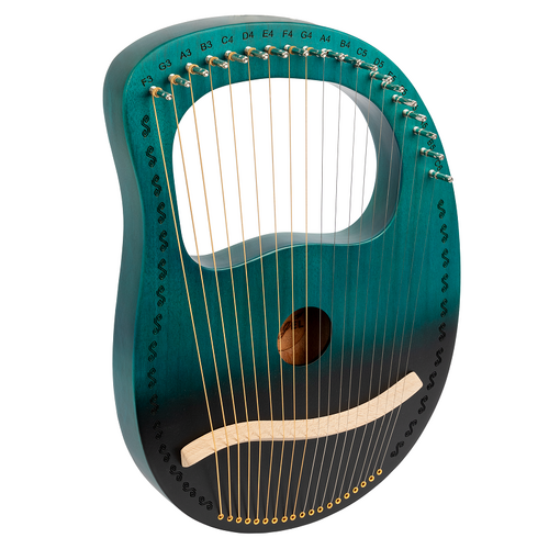 Angel 19 String Lyre Harp in Ocean Blue with Carry Case, Tuning Wrench, Spare Strings, and Instructions