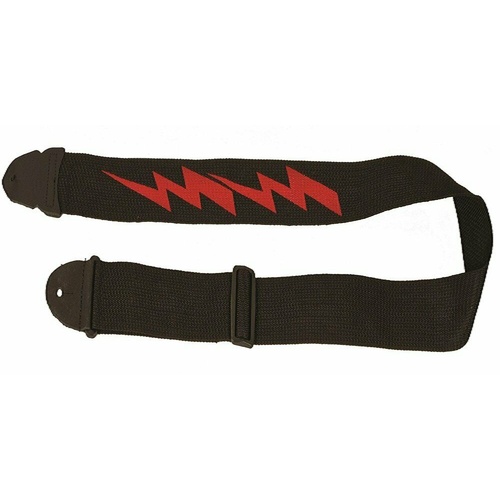 LM - 2 Inch Poly Guitar Strap, Black With Red Lightning Bolt Design *NEW*