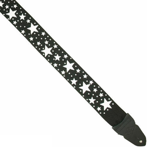 LM - 2 Inch Poly Guitar Strap, Black With White Various Sized Stars Design *NEW*