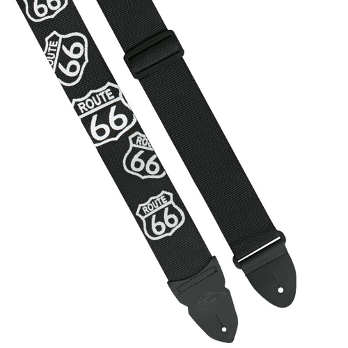 Guitar Strap Black Route 66 2 Inch Poly Web Material, Leather Ends