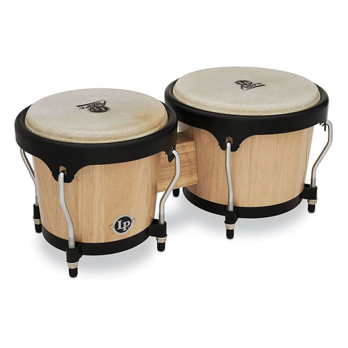LP Aspire Accent Wood Bongos Natural Wood/Black 6-3/4" & 8" with Rawhide Heads and EZ Curve Rims