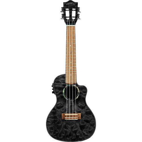 Lanikai Quilted Maple Concert AC/EL Ukulele Black Stain Gloss Finish with Fishman Preamp and Case
