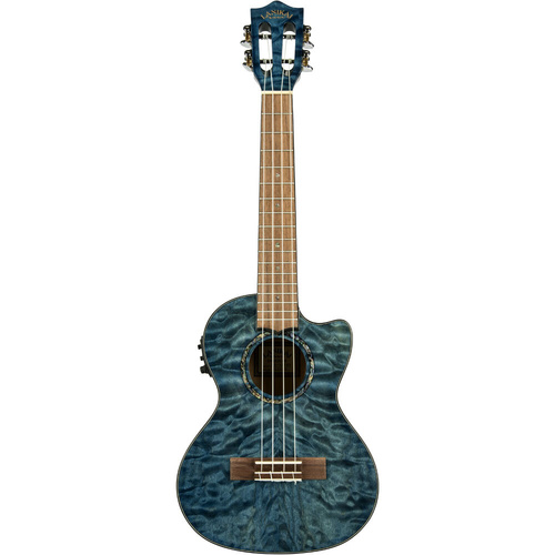 Lanikai Quilted Maple Tenor AC/EL Ukulele Blue Stain Gloss with Fishman Kula Preamp, Grover Tuners, and Foam Case