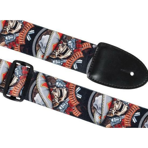 XTR Guitar Strap Bandito Skulls Design 2 Inch Poly Cotton, Leather Ends