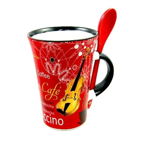 Cappuccino Mug with Spoon Violin Design Red