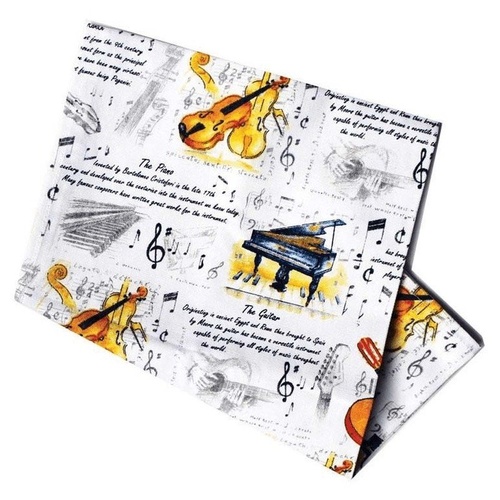 Music-Themed Tea Towel with Violins, Guitars, Grand Pianos and History