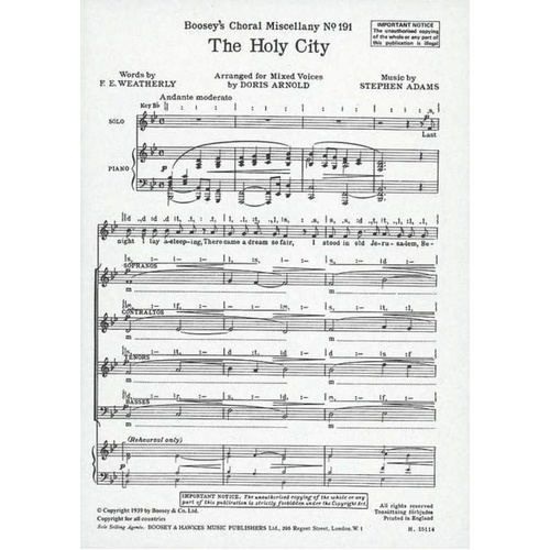 The Holy City SATB Choral Score by Stephen Adams, Arranged by Doris Arnold, Boosey & Hawkes, 16 Pages