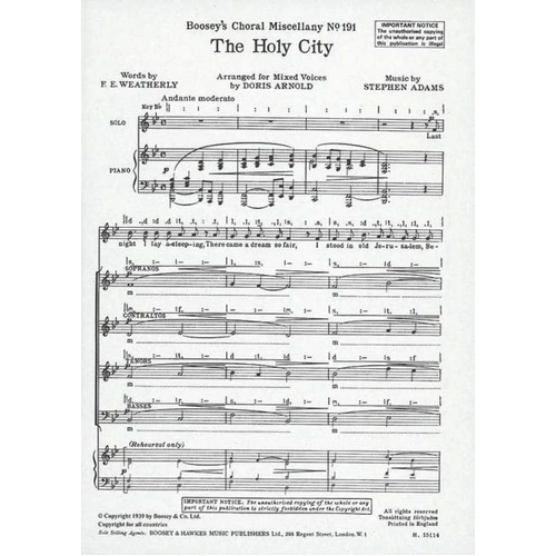 The Holy City SATB Choral Score by Stephen Adams, Arranged by Doris Arnold, Boosey & Hawkes, 16 Pages