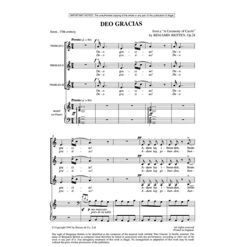 Britten - Deo Gracias SSS/Harp Choral Score, Op. 28, 8 Pages, Arranged for Treble Voices and Harp or Piano