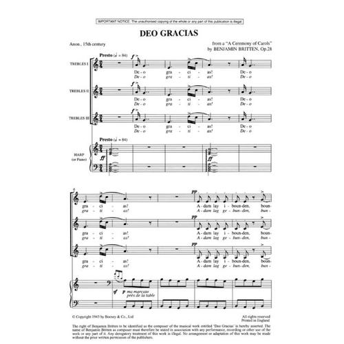 Britten - Deo Gracias SSS and Harp Choral Score, Op. 28, 8 Pages, English/German Edition, Published by Boosey & Hawkes