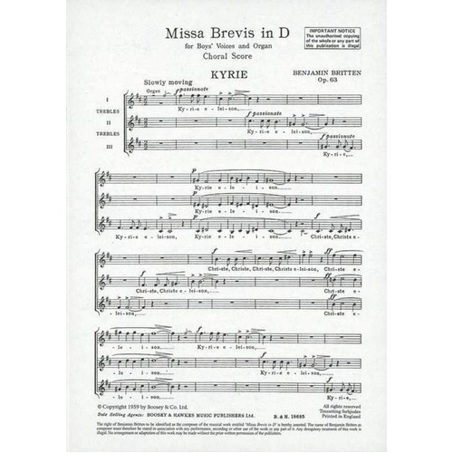 Missa Brevis in D Latin SSA Choral Score by Benjamin Britten, Op. 63, 8 Pages, Publisher: Boosey & Hawkes