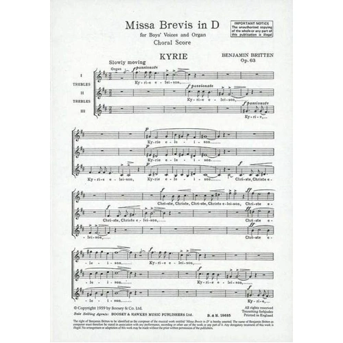Missa Brevis in D Latin SSA Choral Score by Benjamin Britten, Op. 63, 8 Pages, Published by Boosey & Hawkes