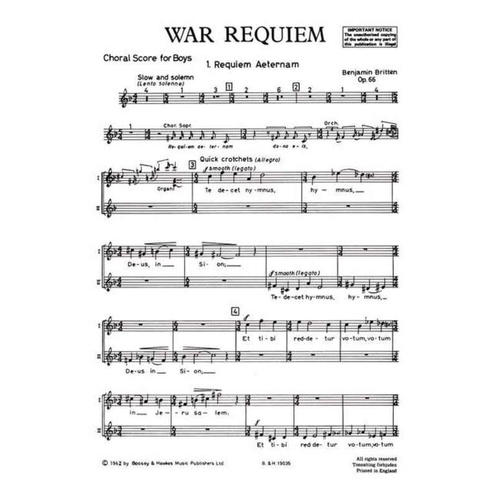 Britten's War Requiem Op. 66 Boys Chorus Choral Score