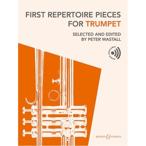First Repertoire Pieces for Trumpet Book by Boosey & Hawkes, 88 pages, includes piano accompaniment and online tracks, for Grade 3-5 students.