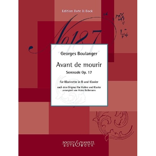 Boulanger - Avant De Mourir Op 17 Clarinet/Piano (Softcover Book)