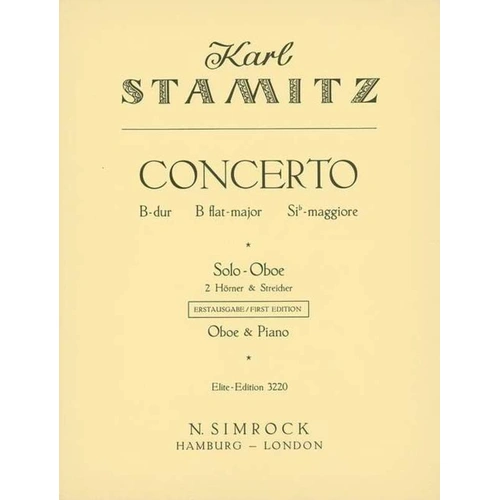 Stamitz - Concerto in B Flat Major for Oboe and Piano, Publisher: Simrock, 1 Page