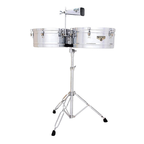 LP Matador 14" & 15" Chrome Plated Steel Timbales with Stand, Cowbell, Sticks, and Tuning Wrench
