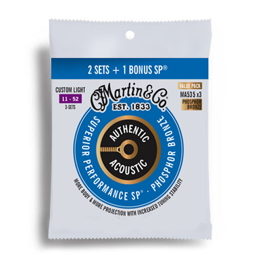 Martin Value 3-Pack Authentic Acoustic SP 92/8 Phosphor Bronze Custom Light Guitar Strings Set 11-52