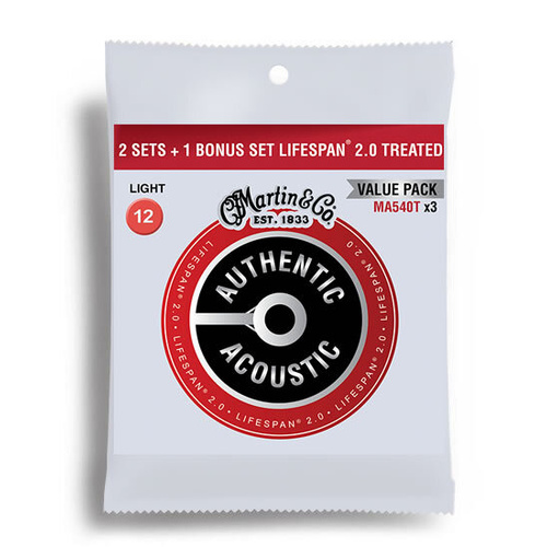 Martin Value Pack Lifespan 2.0 Phosphor Bronze Acoustic Guitar Strings Set (12-54) - 6 Strings x 3 Packs