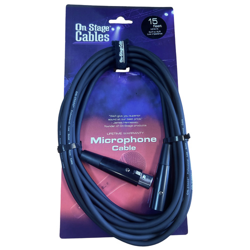 On-Stage 15ft Microphone Cable XLR Male to XLR Female, Professional Balanced, Durable Black PVC, 22AWG, Includes Velcro Strap