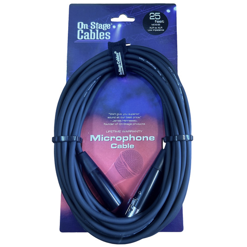 On-Stage 25ft Microphone Cable XLR Male to XLR Female with Nickel Plated Connectors and Velcro Strap