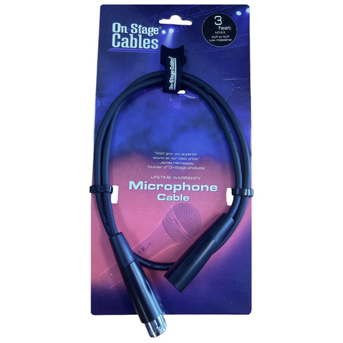 On-Stage 3ft Microphone Cable XLR Male to XLR Female, Professional Balanced, Durable Black PVC, 22AWG, with Velcro Strap