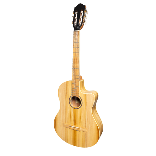 Martinez Slim Jim Full Size Electric Classical Guitar with Pickup, Tuner, Cutaway - Jati-Teakwood, 4/4 Size, Natural Satin Finish