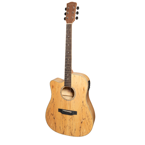 Martinez MDC-31SML-NST Spalted Maple Acoustic-Electric Dreadnought Cutaway Guitar Left Handed Natural Satin