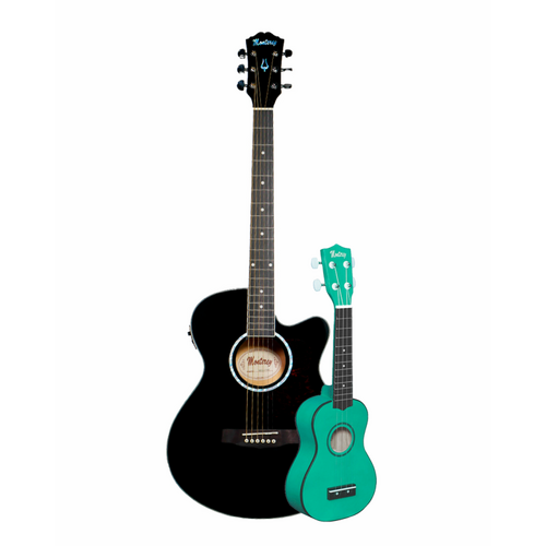 Monterey Acoustic/Electric Guitar Black with Free Teal Ukulele Bundle