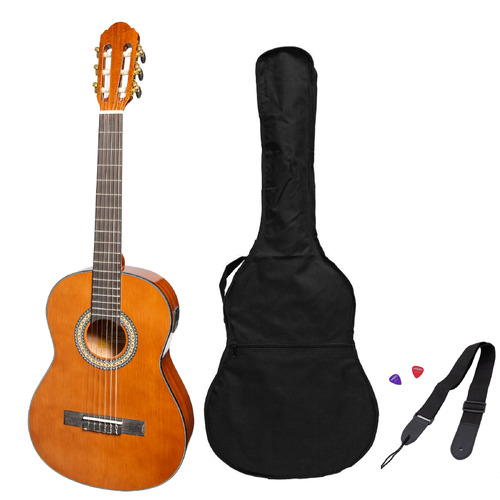 Martinez G-Series Left Handed 3/4 Size Student Classical Guitar Pack with Built In Tuner Natural Gloss