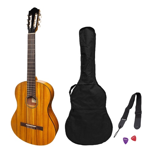 Martinez MP-44T-KOA Full Size Student Classical Guitar Pack with Built-In Tuner and Accessories