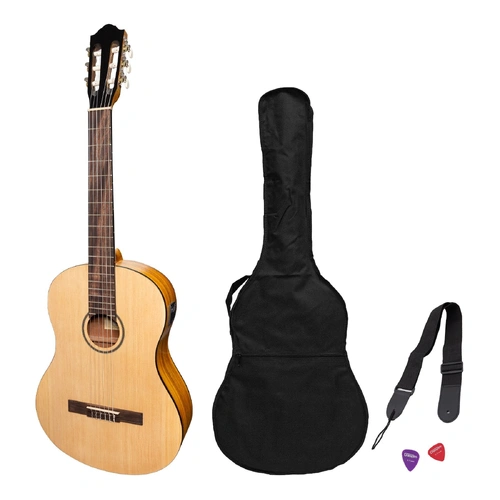 Martinez Left Handed Full Size Student Classical Guitar Pack with Built In Tuner - Spruce/Koa
