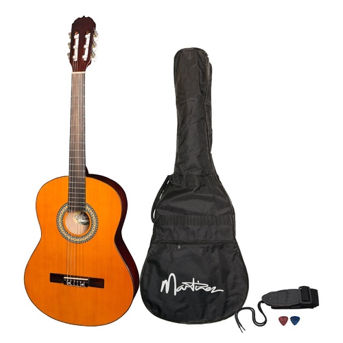 Martinez 'Slim Jim' Full Size Beginner Slim Neck Classical Guitar Pack with Built-In Tuner (Amber)