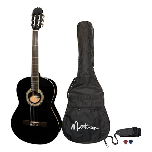 Martinez 'Slim Jim' Full Size Beginner Slim Neck Classical Guitar Pack with Built-In Tuner (Black)