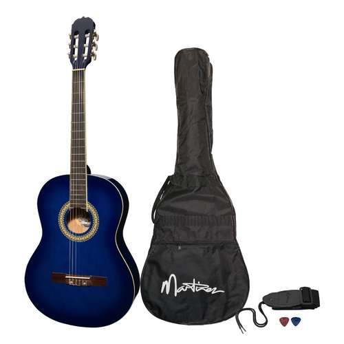 Martinez 'Slim Jim' Full Size Beginner Slim Neck Classical Guitar Pack with Built-In Tuner (Blueburst)