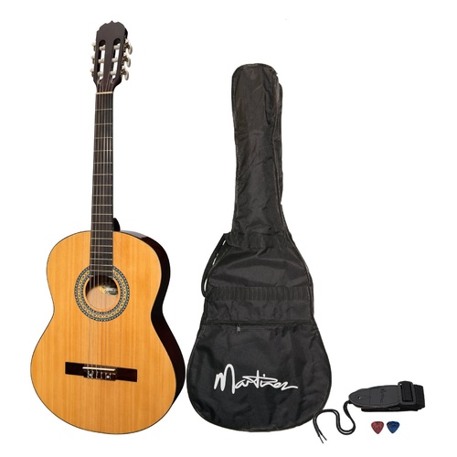 Martinez 'Slim Jim' Full Size Beginner Slim Neck Classical Guitar Pack with Built-In Tuner (Natural Gloss)