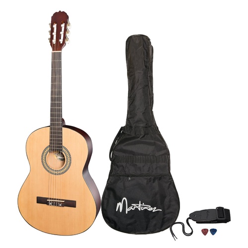 Martinez 'Slim Jim' Full Size Beginner Slim Neck Classical Guitar Pack with Built-In Tuner (Natural Satin)
