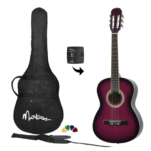 Martinez 'Slim Jim' Full Size Beginner Slim Neck Classical Guitar Pack with Built In Tuner (Plumburst)