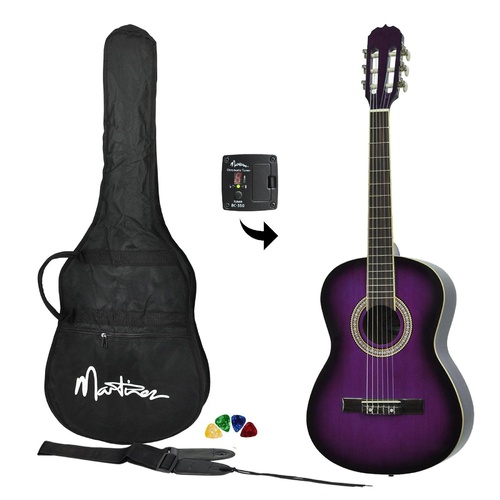 Martinez 'Slim Jim' Full Size Beginner Slim Neck Classical Guitar Pack with Built In Tuner (Purpleburst)