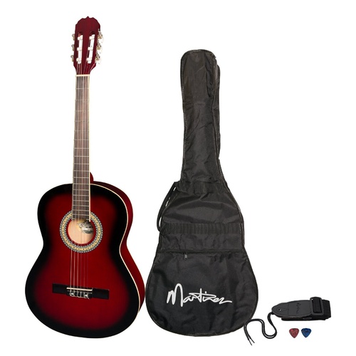 Martinez 'Slim Jim' Full Size Beginner Slim Neck Classical Guitar Pack with Built-In Tuner (Wine Red)