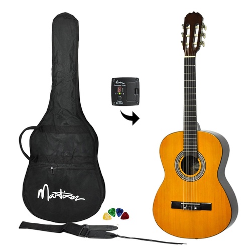 Martinez Full Size Beginner Classical Guitar Pack with Built In Tuner (Amber)