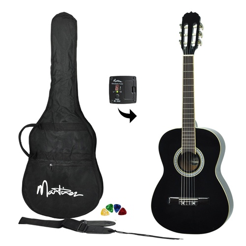 Martinez Full Size Beginner Classical Guitar Pack with Built In Tuner (Black)